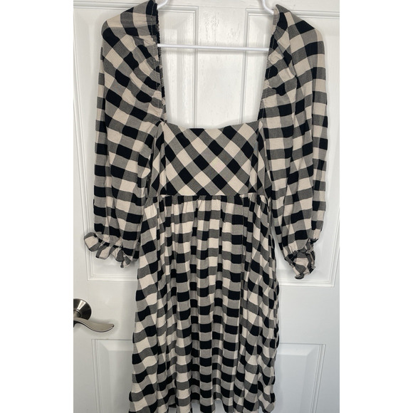 Storia Dresses & Skirts - Storia Women’s Babydoll Buffalo Check Mini Dress Sz M Puff Sleeve Peasant Boho